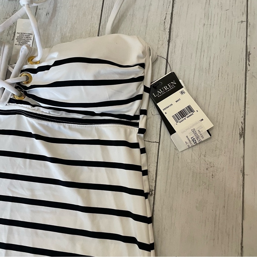 Ralph Lauren WHITE Striped Tummy-Control Tankini Swim Top 8 white black slimming - Picture 12 of 13
